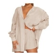 thumbnail image 2 of KOMOO Women 2Pcs Shorts Suit Collar Button Blouse and Drawstring Elastic Waist Shorts Loose Outfits, 2 of 7
