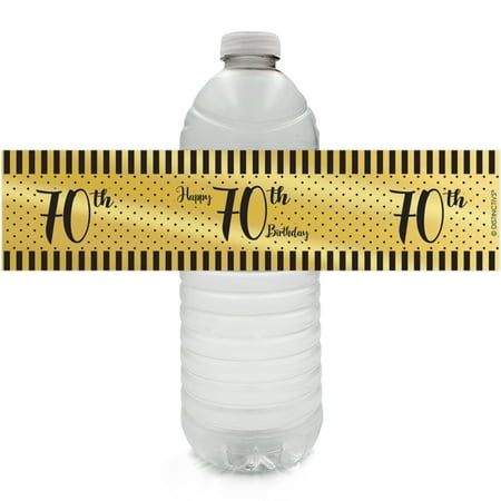 Polka Dots Birthday Party Invitations - Gold Foil 70th Birthday Bottle Labels - 24ct Water Bottle Labels - Black and Gold Stripe and Polka Dot Birthday Party Supplies - 24 Count Stickers