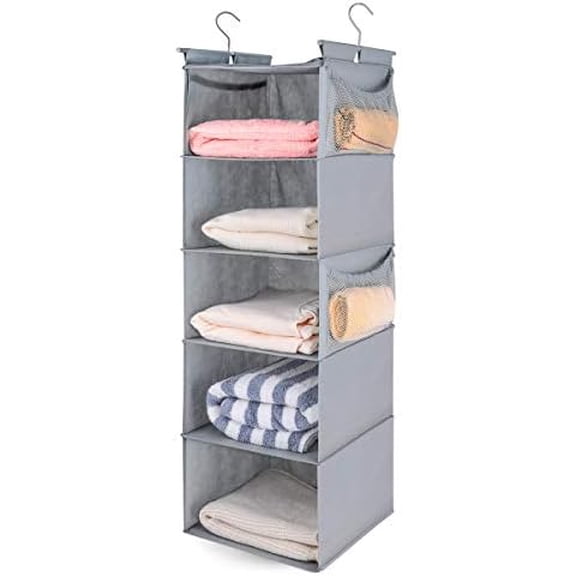 5 Shelf Hanging Closet Organizer,Space Saver, Closet Hanging Shelves with (4) Side Pockets,Foldable,Light Grey