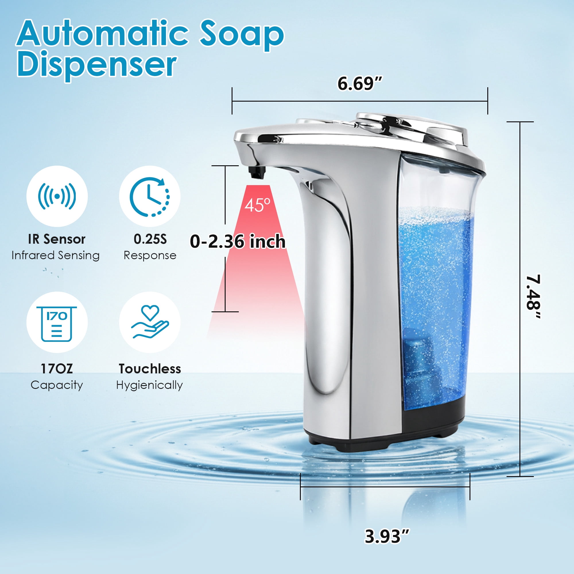 WANALIT Automatic Soap Dispenser Touchless, 17oz/500ml Dish Soap Dispenser with Infrared Sensor, 5 Adjustable Foam Levels, for Kitchen Bathroom Sink Countertop, Silver