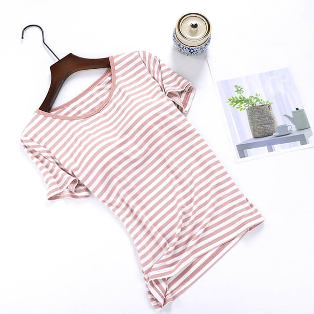 Blusa de pijama de manga corta para mujer, lisa, informal, a la moda, con cuello redondo, de manga corta, para mujer