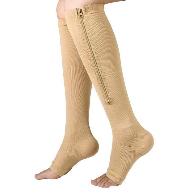 Zipper Compression Socks - 2Pairs Calf Knee High Stocking - Open Toe Compression  Socks for Walking，Runnng，Hiking and Sports Use (B- NUDE, XXL) 
