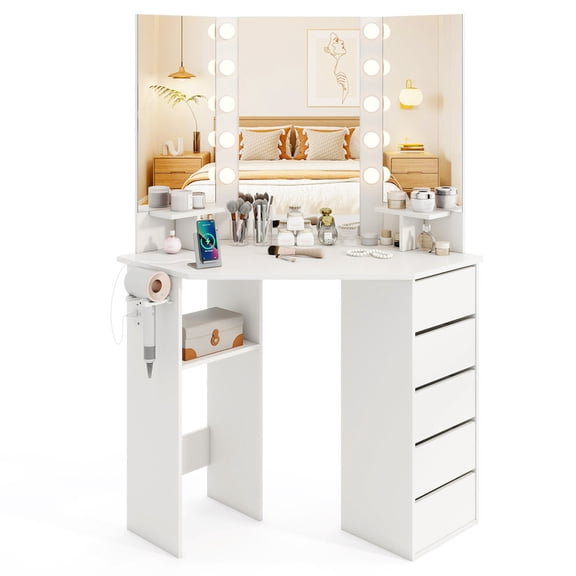 Corner Vanity Desk with Mirror and Lights, Makeup Vanity Table with 5 Drawers, Storage Shelves, Charging Station, Compact Vanity Dressing Table for Small Space,White