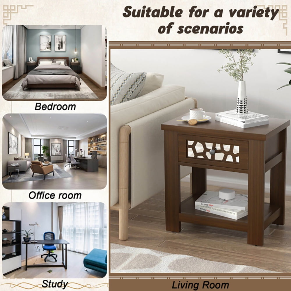 Finihen End Table, Wood Retro End Table with Mirrored Glass Drawer and Open Storage Shelf, Sofa Side Table, Bed Side Table, for Living Room, Bedroom, Brown Finihen End Table, Wood Retro End Table with Mirrored Glass Drawer and Open Storage Shelf, Sofa Side Table, Bed Side Table, for Living Room, Bedroom, Brown