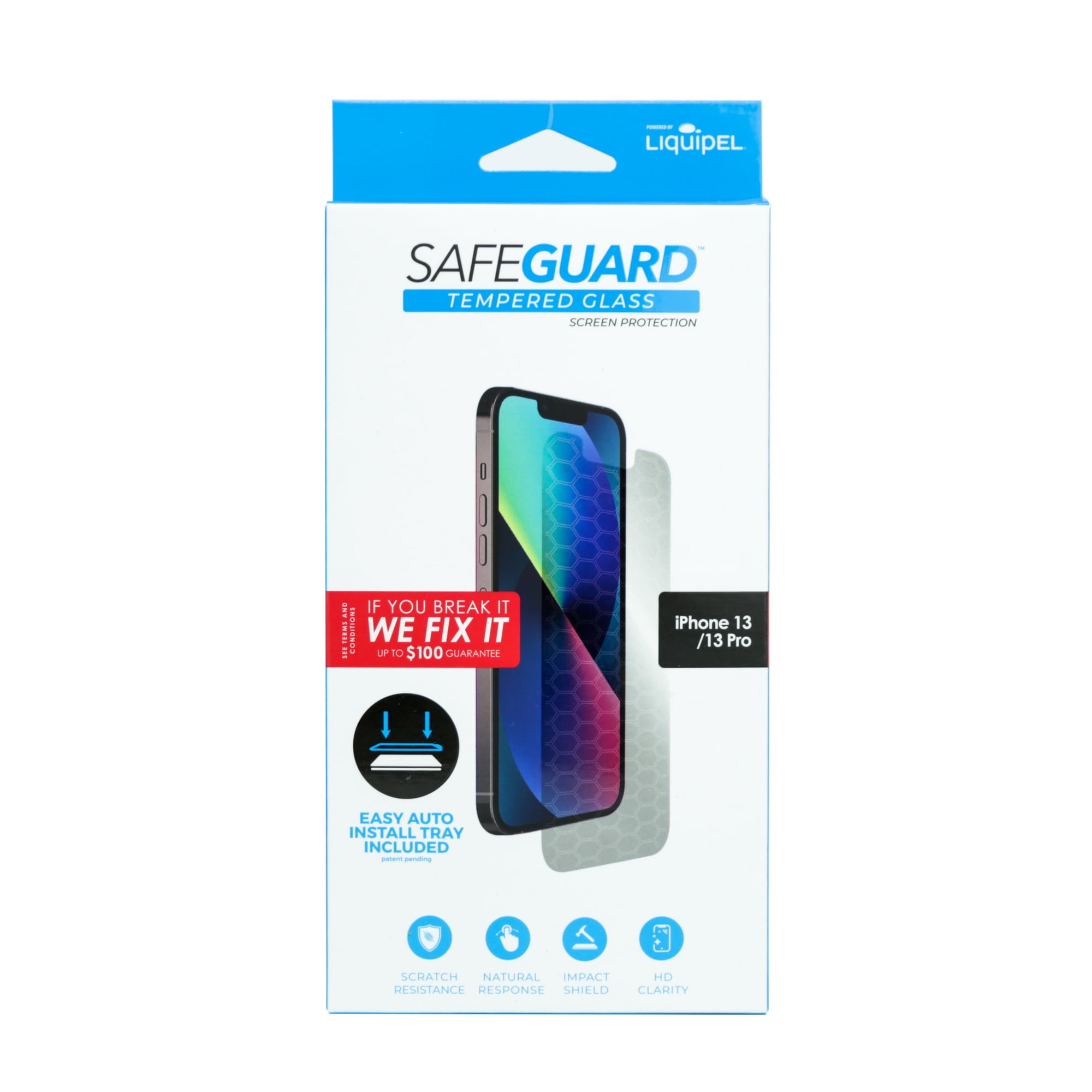 Liquipel Safeguard Tempered Glass Screen Protector for iPhone 14, iPhone 14 Pro, iPhone 13, and iPhone 13 Pro comes with Application Tray and Screen Repair Guarantee