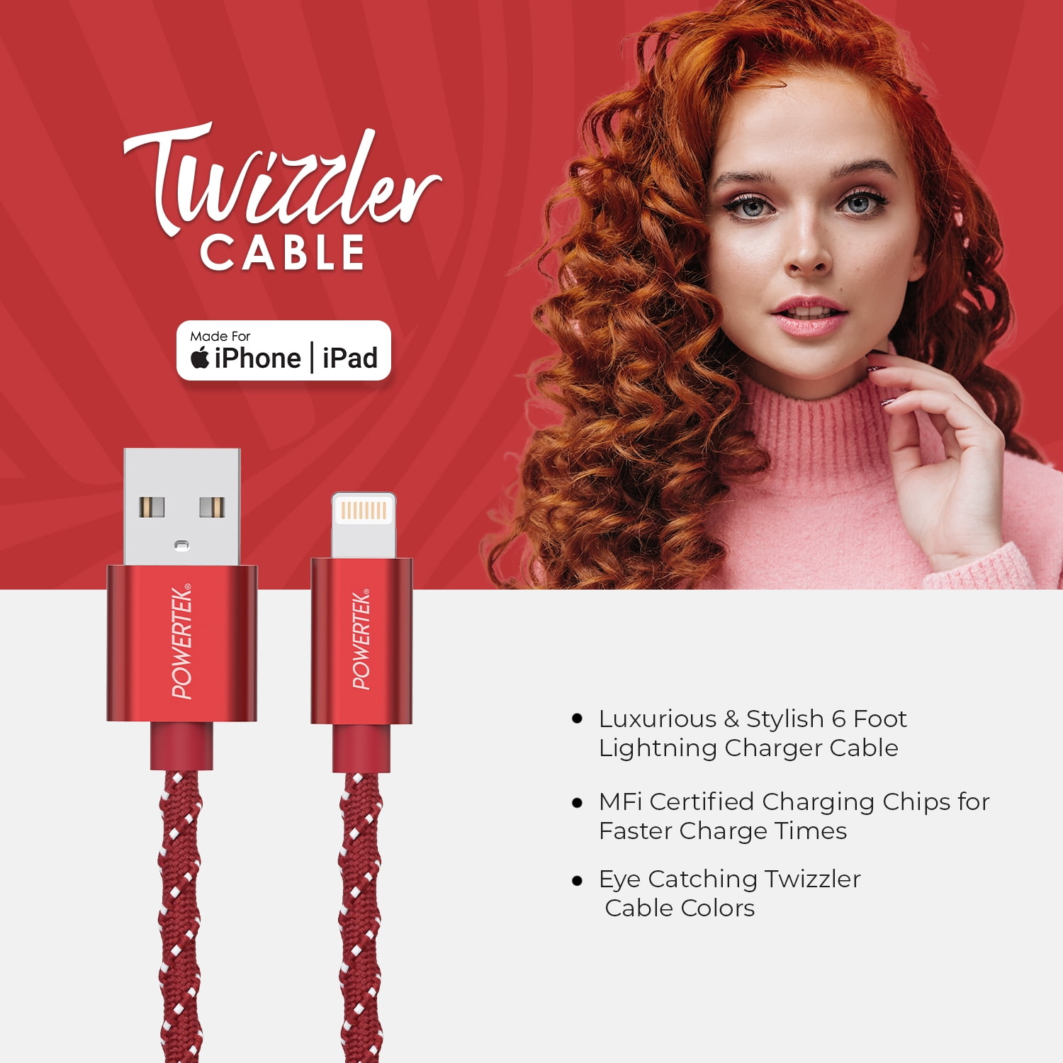 Liquipel Powertek Twizzler USB-A to Lightning - Red