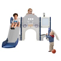 9 in 1 Toddler Slide for Indoor Playground, Freestanding Kids Climber Slide Playset with Basketball Hoop, Telescope, Crawl-through Tunnel, Drawing Whiteboard, Golf Hole and Ring Toss Game