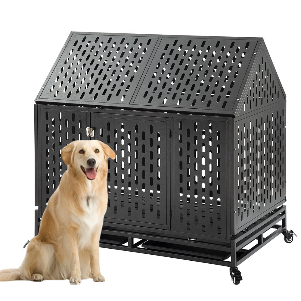 Kepooman 45'' Heavy Duty Metal Roof Dog Crate with 4 Wheels & Trays for Pet, Black Kepooman 45'' Heavy Duty Metal Roof Dog Crate with 4 Wheels & Trays for Pet, Black