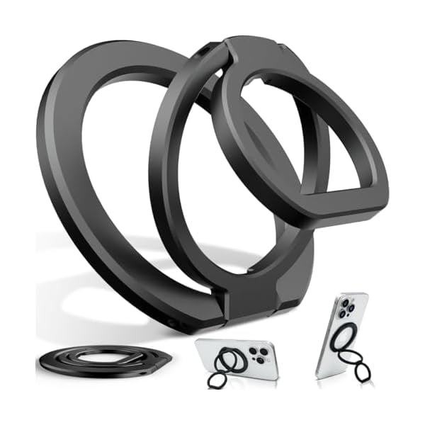 wonima11 Phone Grip for MagSafe,360°& 180°Rotation Magnetic Phone Ring Holder with Kickstand,Dual-Ring Thin Phone Stand for 17/16/15/14/13/12 Series-Black