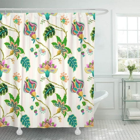 CYNLON Seamless Pattern Fantasy Flowers Whimsical Floral Jacobean Striped Pastel Bathroom Decor Bath Shower Curtain 66x72 inch
