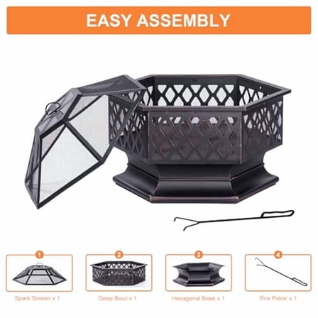 Outdoor Fire Pit, Hexagon Shaped Wood Burning Firepit for Outside Bonfire, Patio, Backyard and Camping (Antique Bronze, 33 Inch)