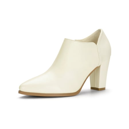 - Women's Pointed Toe Block High Heels Ankle Boots Ivory (Size 10)