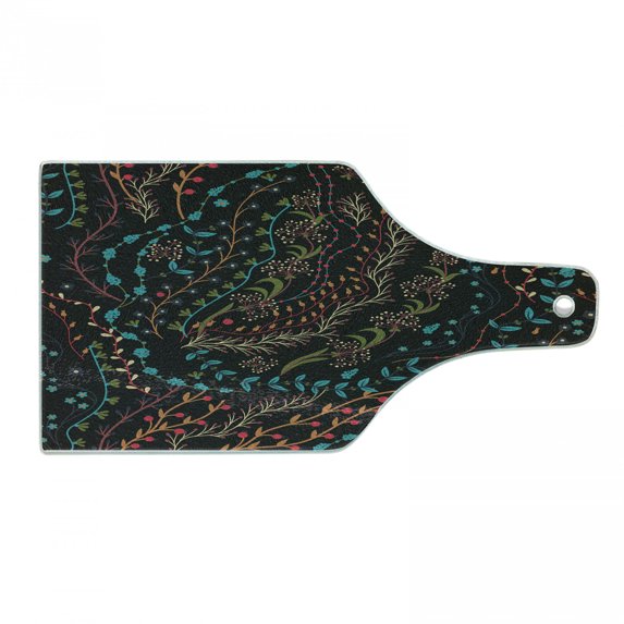 Floral Cutting Board, Colorful Herbs and Flowering Stems on Dark Backdrop Nature Coming Alive in Spring, Tempered Glass Cutting and Serving Board, Wine Bottle Shape, Multicolor, by Ambesonne