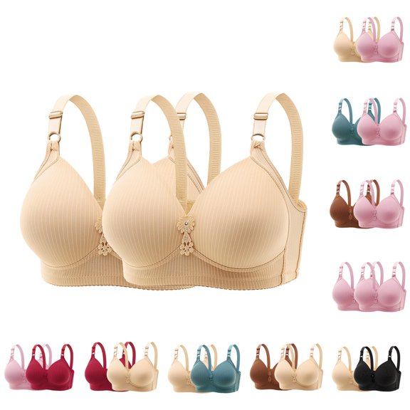 Gymayou 2 Pack High Support Bras for Women Adjustable Strap Full Coverage Up Bras Comfortable No Underwire Wireless Bras Beige 46