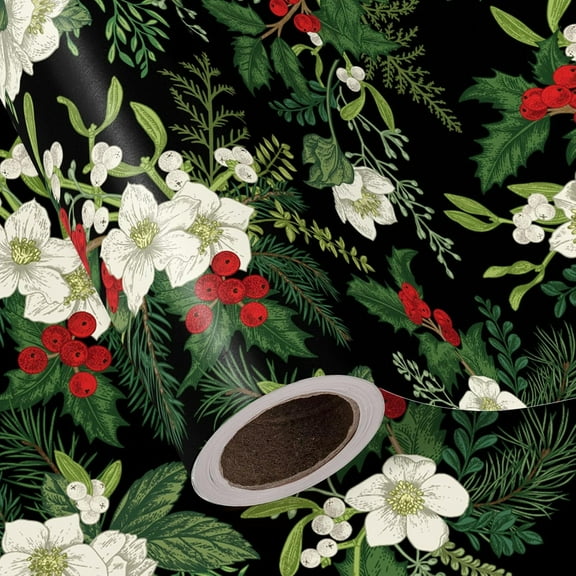 AUR Christmas Wrapping Paper - Mini Roll - 17 Inch x 16.5 Feet - White Floral Wrapping Paper with Green Leaves and Red Berries for Xmas Holiday, Party Celebration