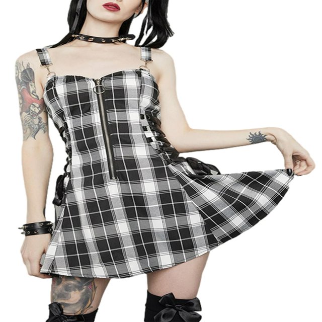 Robes Mini à Carreaux pour Femmes à Bretelles Spaghetti Sans Manches Robe Camisole Bandage à Fermeture Éclair Robes Mini Y2K
