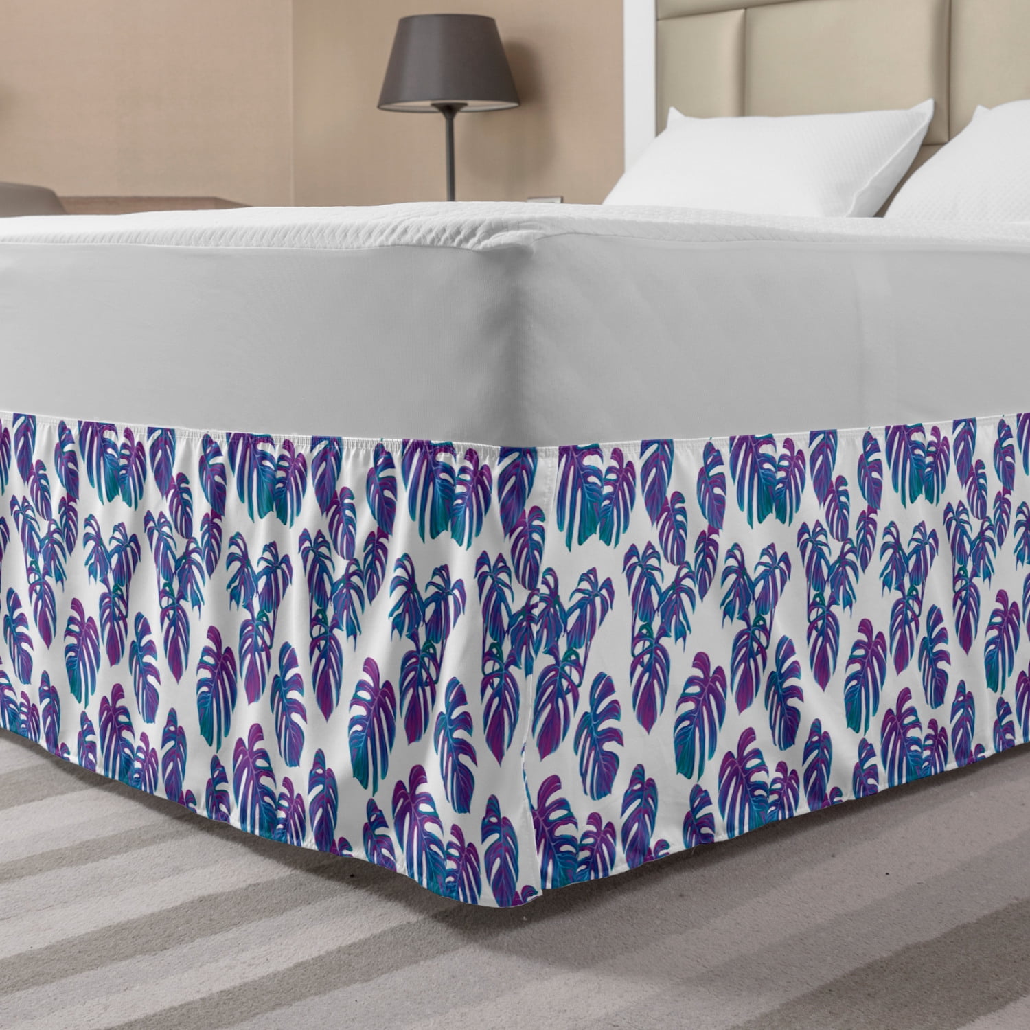 Hawaiian Colors Bed Skirt, Retro Style Continuing Pattern of Monstera