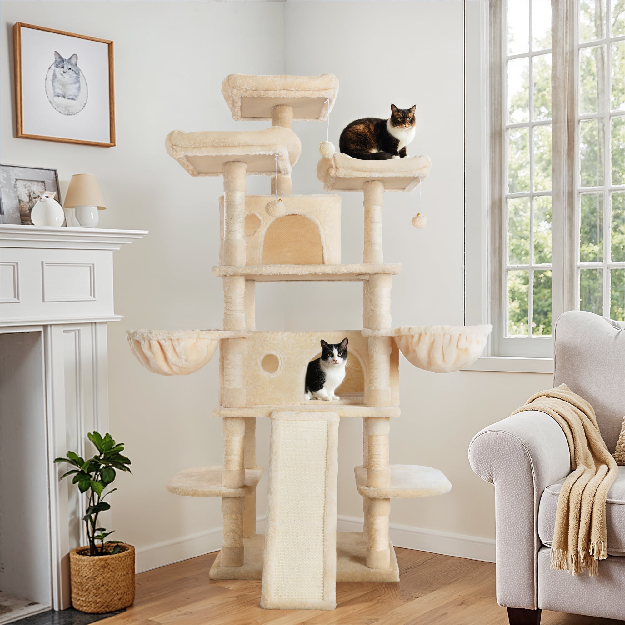 Einfach 68" X-Large Cat Tree and Tower with Condo Houses, Scratching Board & Posts for Indoor Cat, Beige