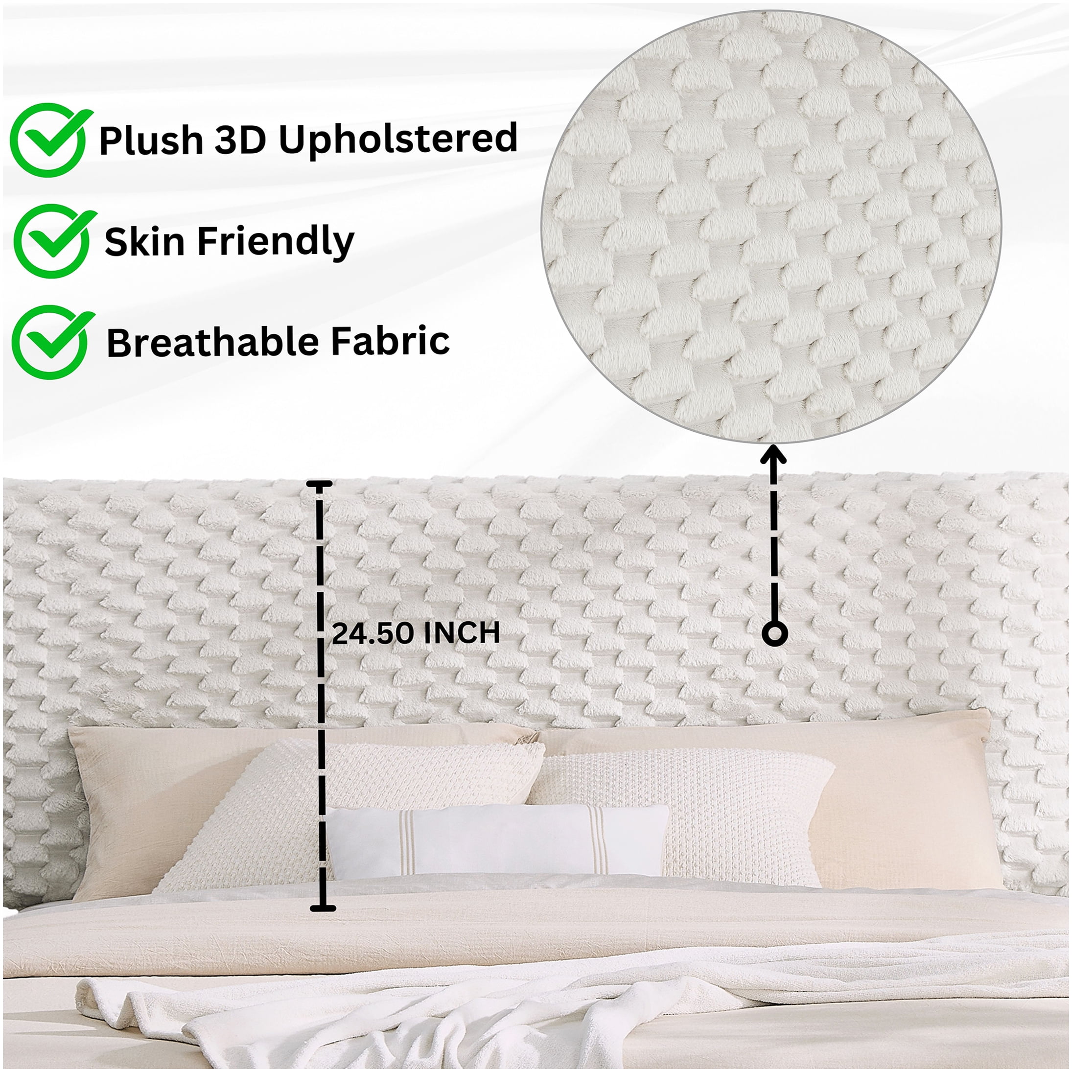 Queen Upholstered Bed Frame with Adjustable Headboard, Off-White Fabric Platform Bed, Low Profile Modern Design, No Box Spring Required
