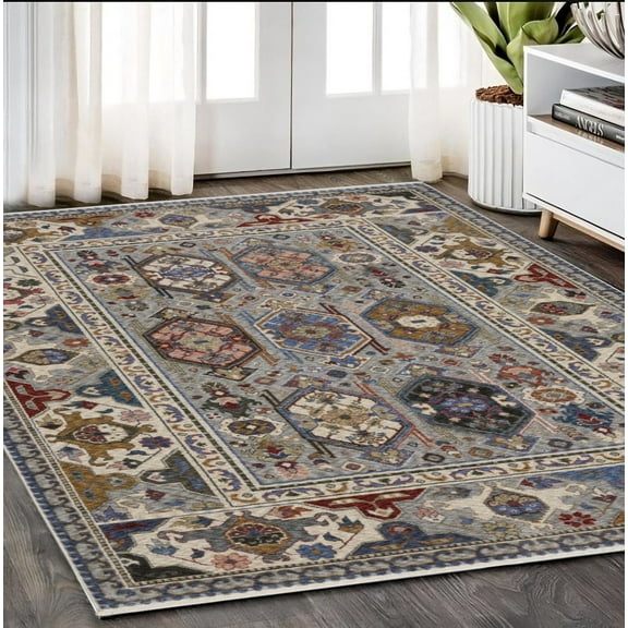 5' X 8' Blue And Gray Oriental Area Rug With Fringe