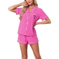 thumbnail image 4 of Conjunto de pijama para mujer INSPIRE CHIC con estampado de corazones, ropa de dormir linda, camisa de botones de manga corta con pantalones cortos, conjuntos de lounge L color rosa intenso, 4 of 6
