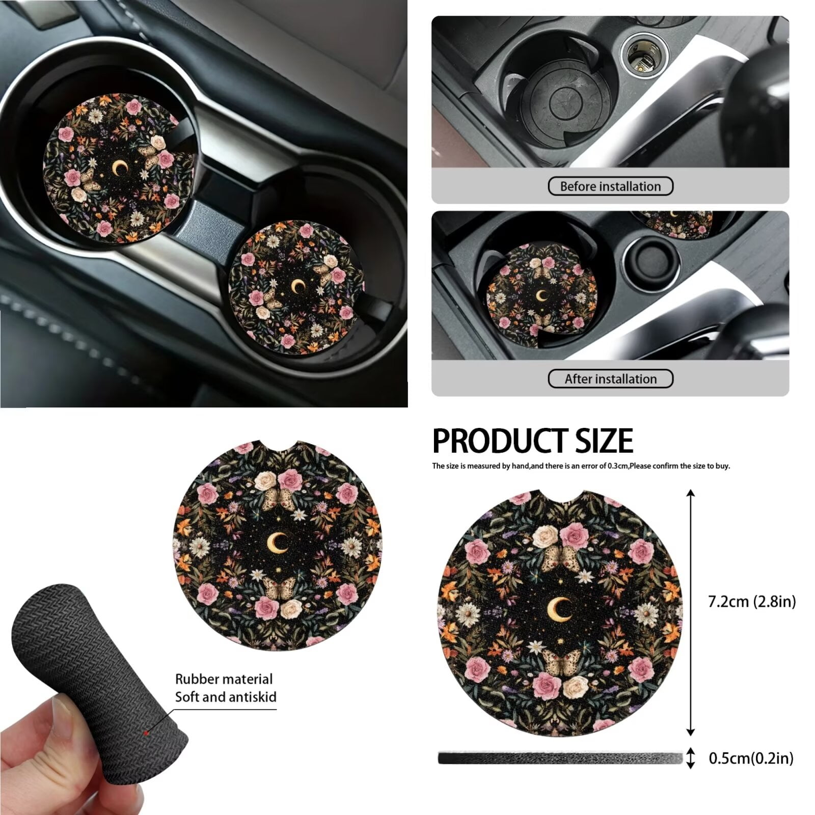 KUIFORTI Butterfly Car Seat Covers Full Set for Women Floral Steering Wheel Cover+Seat Belt Cover Pad+Trash Bag+Rearview Mirror Cover+Coasters+Car Vent Storage Organizer+Key Chain
