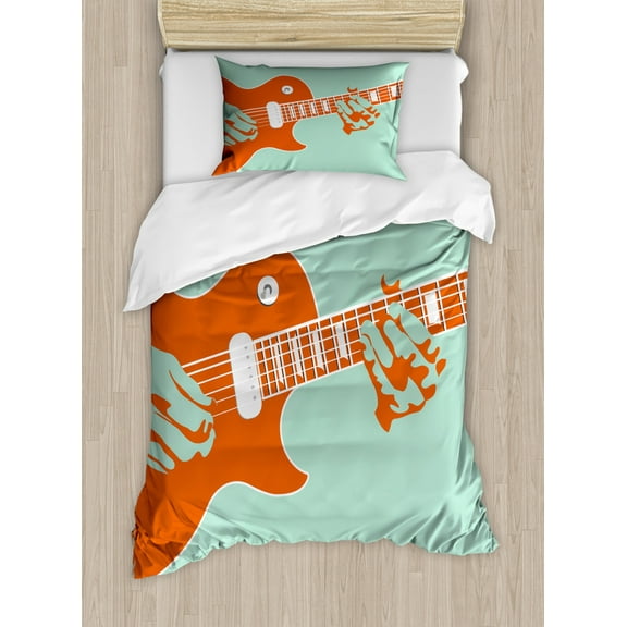 Guitar Duvet Cover Set Twin Size, Creative Musician Playing Jamming Instrument Acoustic Performing Vintage, Decorative 2 Piece Bedding Set with 1 Pillow Sham, Mint Green Orange, by Ambesonne