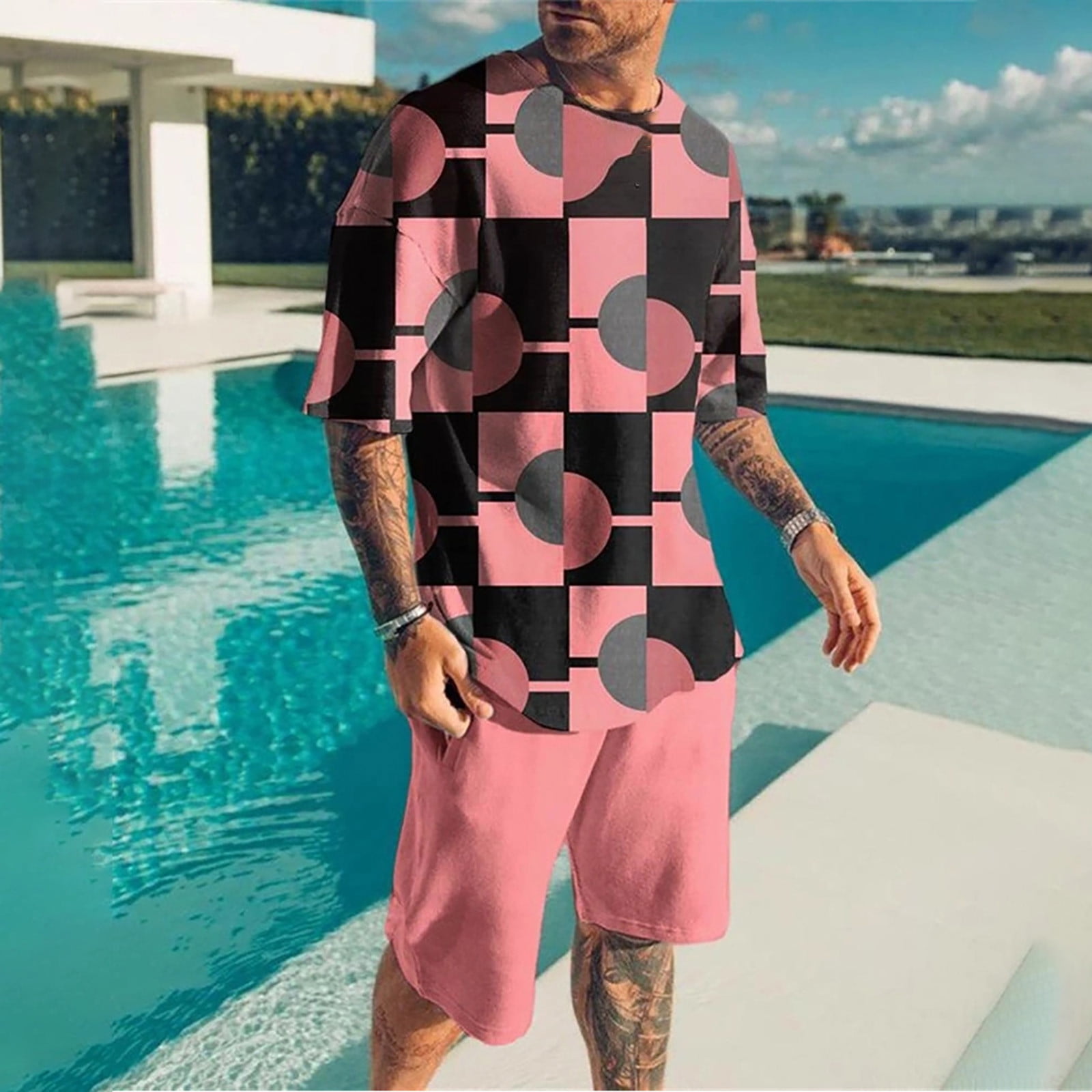 Vedolay Summer Short Sets Men 2 Piece Outfits Men's Mesh Shirts and Shorts Set Summer Outfits 2 Piece Ptinted Sleeveless Set,White 5XL