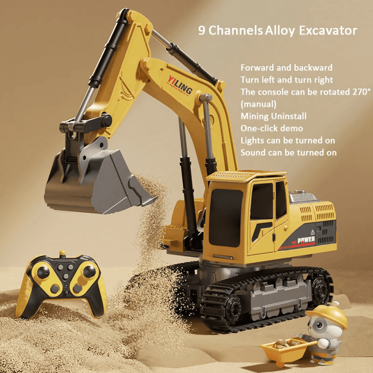 RC Excavator 9CH Remote Control Car with 360°Rotation, RC Construction Truck for Kids Adults Christmas Birthday Gifts