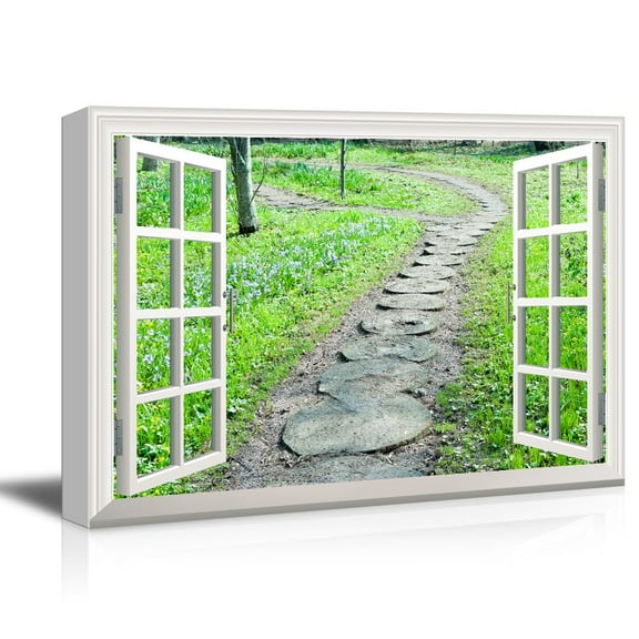 3D Visual Effect View Through Window Frame Lane Through a Field of Grass and Flowers Gallery 32x48 inches