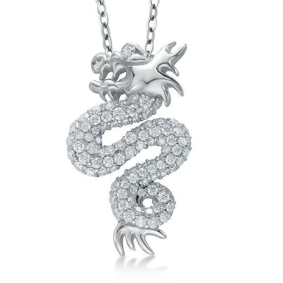 Gem Stone King 925 Sterling Silver White Moissanite Dragon Pendant Necklace for Women | 1 inch Pendant with 18 inch Chain