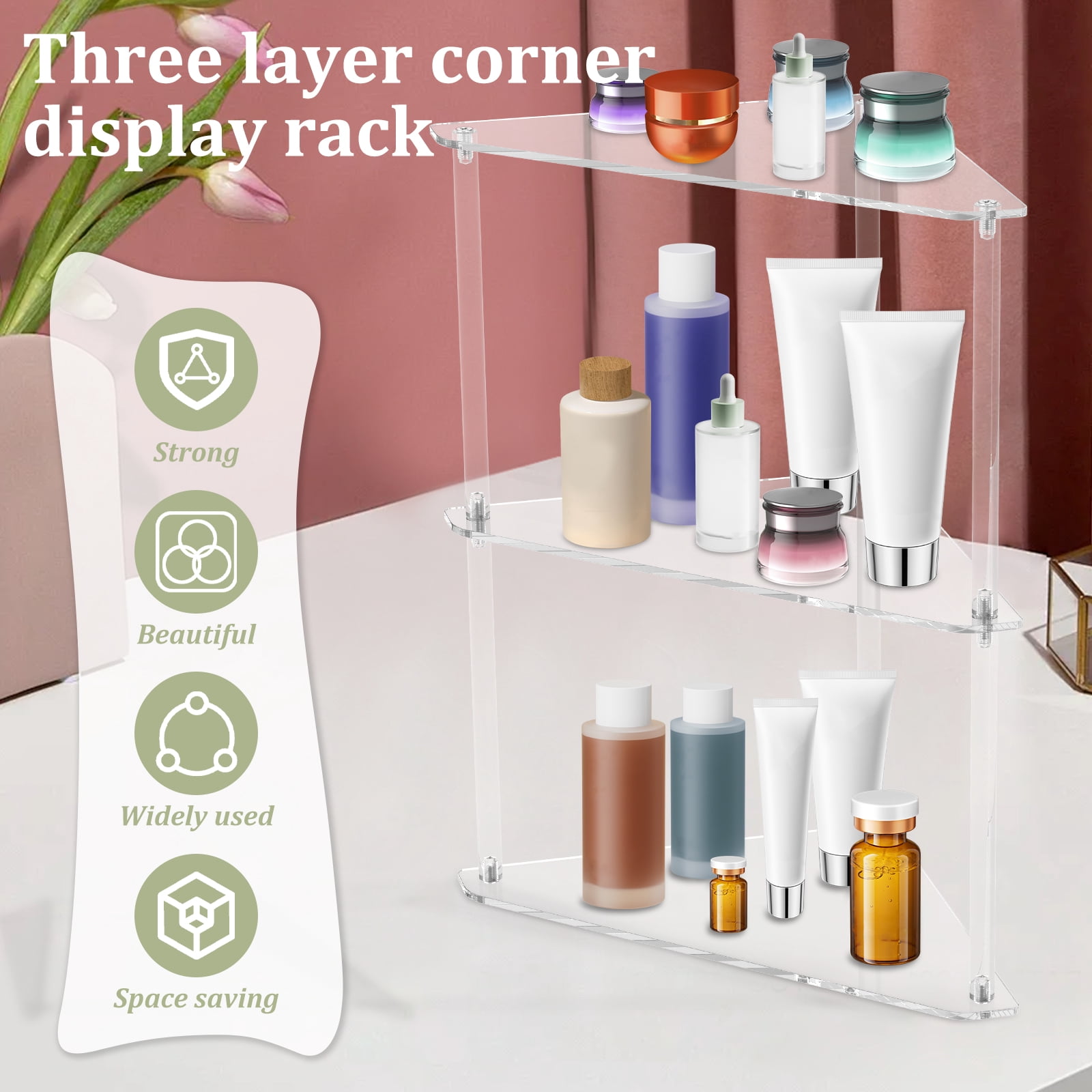 3 Tier Corner Shelf Transparent Acrylic Counter Corner Shelves Organizer Triangle Storage Rack for Bathroom Kitchen Office Vanity