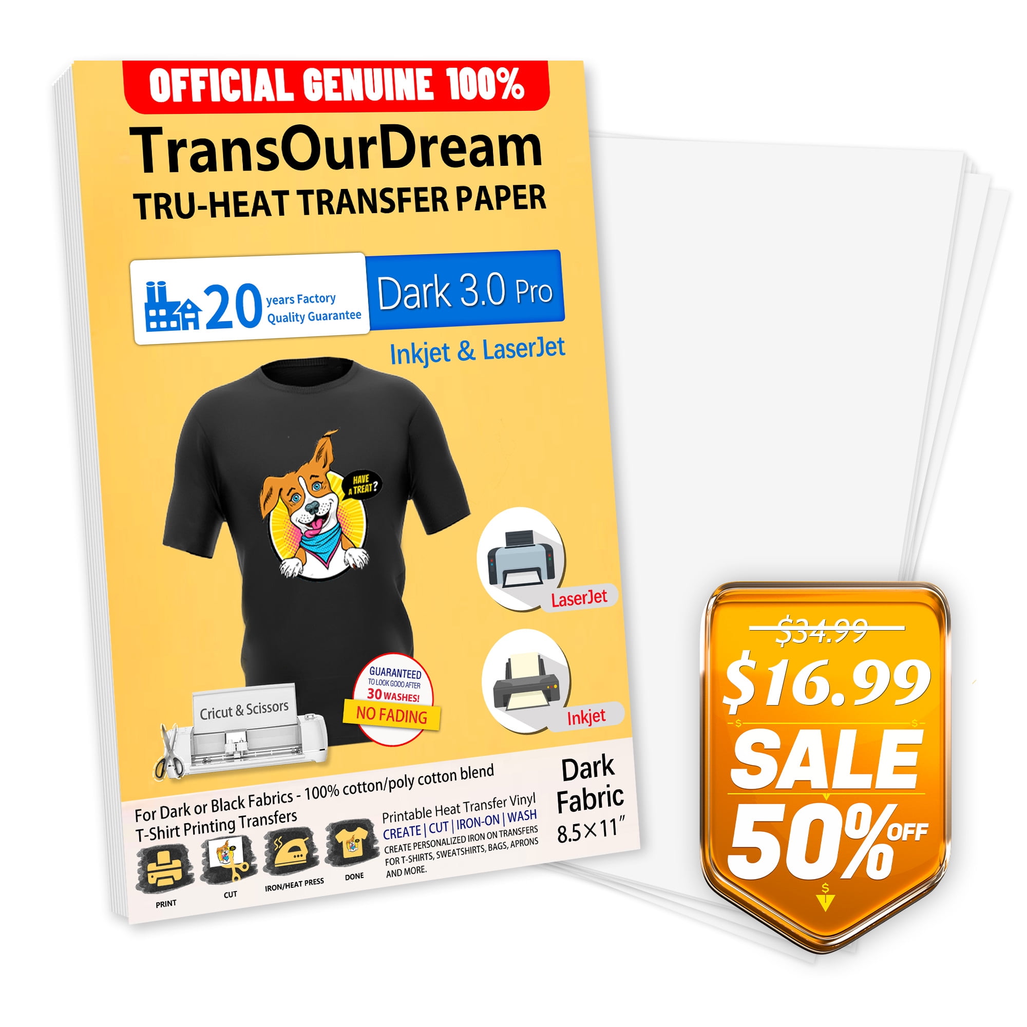  TransOurDream Tru-Iron on Heat Transfer Paper for Dark Fabric  (15 Sheets, 11x17) T Shirt Transfers Paper for Inkjet Printer Printable Heat  Transfer Vinyl for T-Shirts (D1-1117-15)