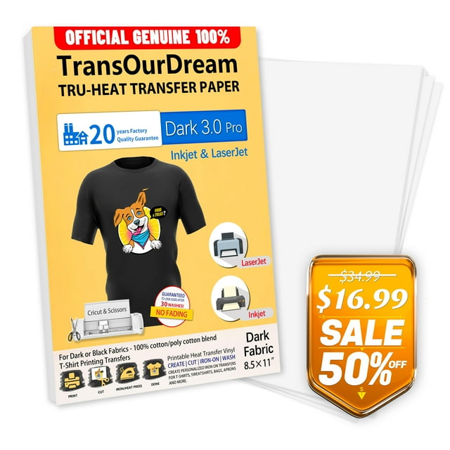 "TransOurDream Dark T-Shirt Transfer Paper, Laser &amp; Inkjet Printer Compatible, DIY Fabric ...