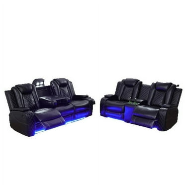 Multifunction Power Air Leather Recliner Sofa Set with LED Lights, Living Room Furniture, Reclining Sofa, loveseat, Chair with USB Port/Storage Console/Cup Holders (Black, Sofa Loveseat)