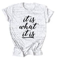 thumbnail image 1 of Camiseta informal de verano de manga corta y cuello redondo para mujer, color gris grafito, de gran tamaño, con estampado de letras negras, 1 of 4