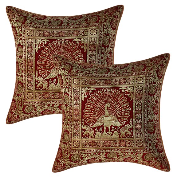Stylo Culture Ethnic Living Room Brocade Burgundy Maroon And Gold Throw Pillow Covers 16x16 Jacquard Weave Banarsi Accent Pillow Covers Peacock 40x40 cm Decorative Cushion Covers (Set Of 2)