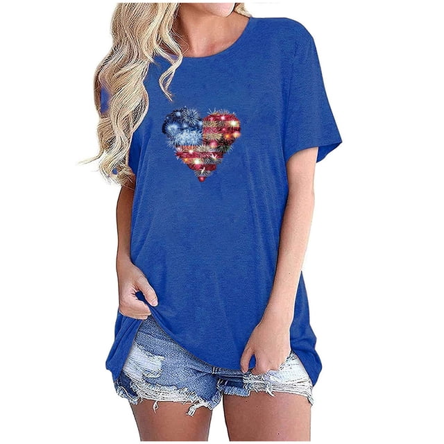 Camisetas de Manga Corta para las Mujeres Día de la Independencia Impresión Básica Camiseta de Verano, Cuello Redondo Casual Camiseta Blusa