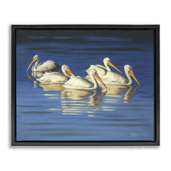 Stupell Industries Pelican Flock Lake Ripples Animals & Insects Painting Black Floater Framed Canvas Art Print Wall Art, 21 x 17
