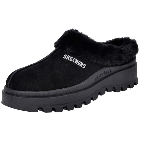 Skechers WomenFortress Suede Fur Lined Clogs Slip on Memory Foam Insole Shock Absorbing Midsole Traction Outsole Mules