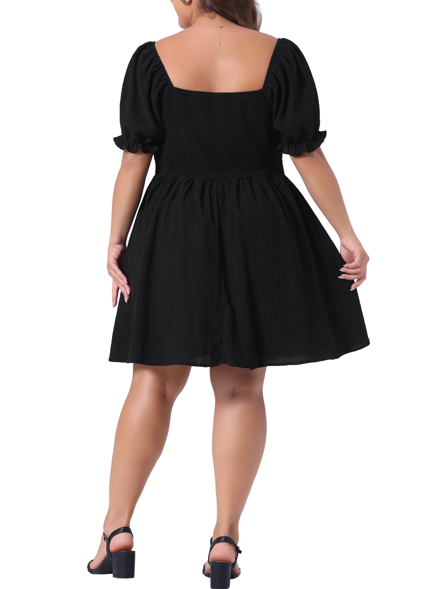 DARING DIVA Plus Size Square Neck Puff Sleeve A-Line Mini Short Dress 4X Black