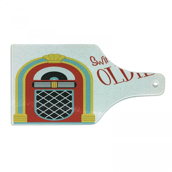 Jukebox Cutting Board, Jazz Age Vintage Party Theme Music Raido Box Words Art Print, Decorative Tempered Glass Cutting and Serving Board, Wine Bottle Shape, Red Sky Blue and Yellow, by Ambesonne