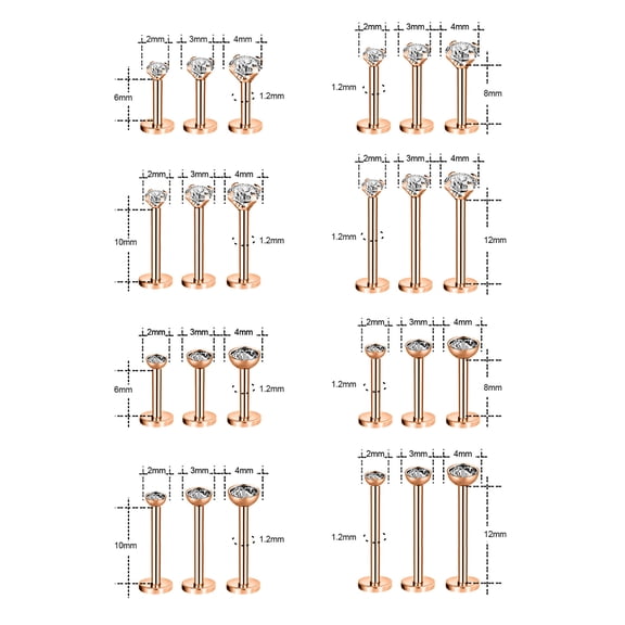 QQTDFG 3 Pcs/lot 16G Stainless Steel Labret Lip Piercing CZ Crystal Ear Helix Piercing-Rose gold-Set 8