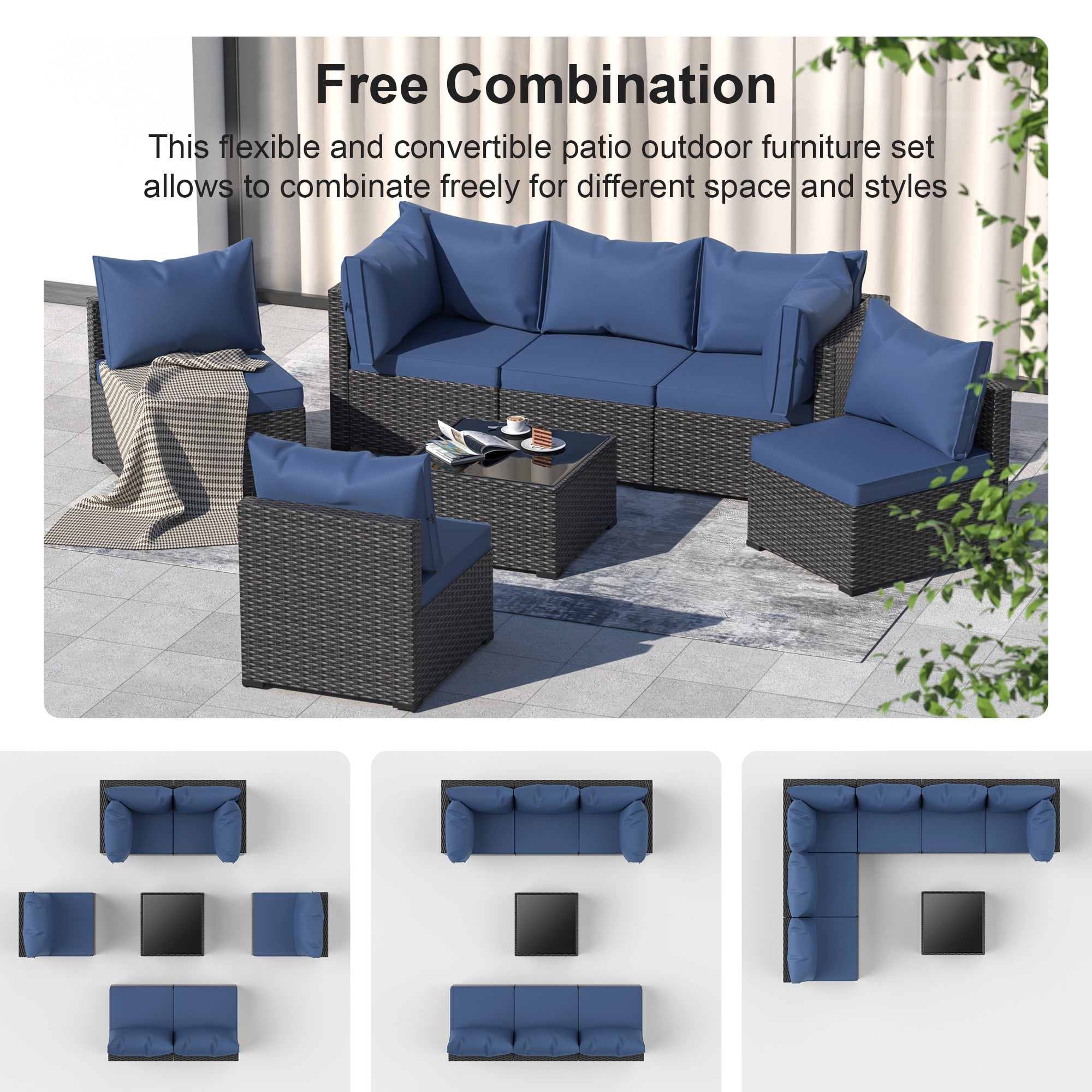 GOJOOASIS Patio Furniture Set, 7 Pieces Outdoor PE Rattan Couch with Glass Table All Weather Sectional Washable Cushion Blue
