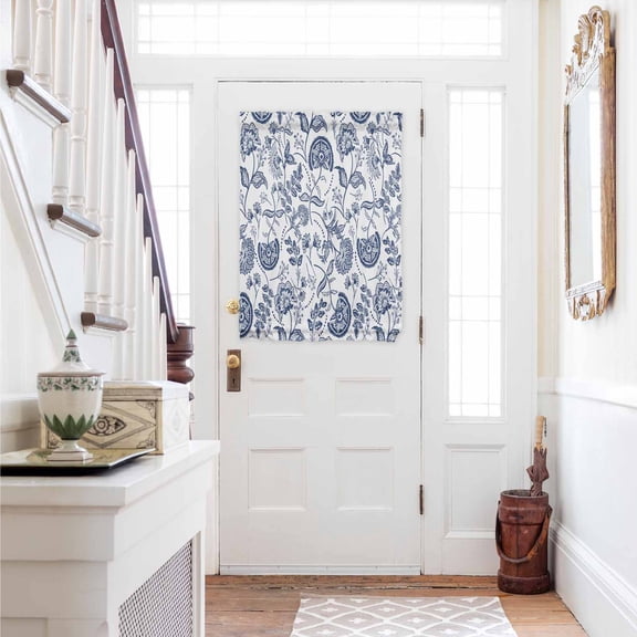 Boho Blue Floral Door Curtains for Door Window, French Sidelight Front Back Door Curtains With Tieback, Vintage Farmhouse Paisley Plant Leaf Kitchen Rod Pocket Drapes Panel, 54"x40"