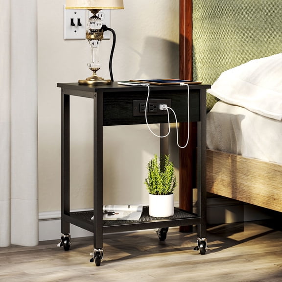 TC-HOMENY End Table with Charging Station & USB Ports 2 Set, Side Table with Wheels & Storage Shelf Nightstand for Living Room Bedroom, Black