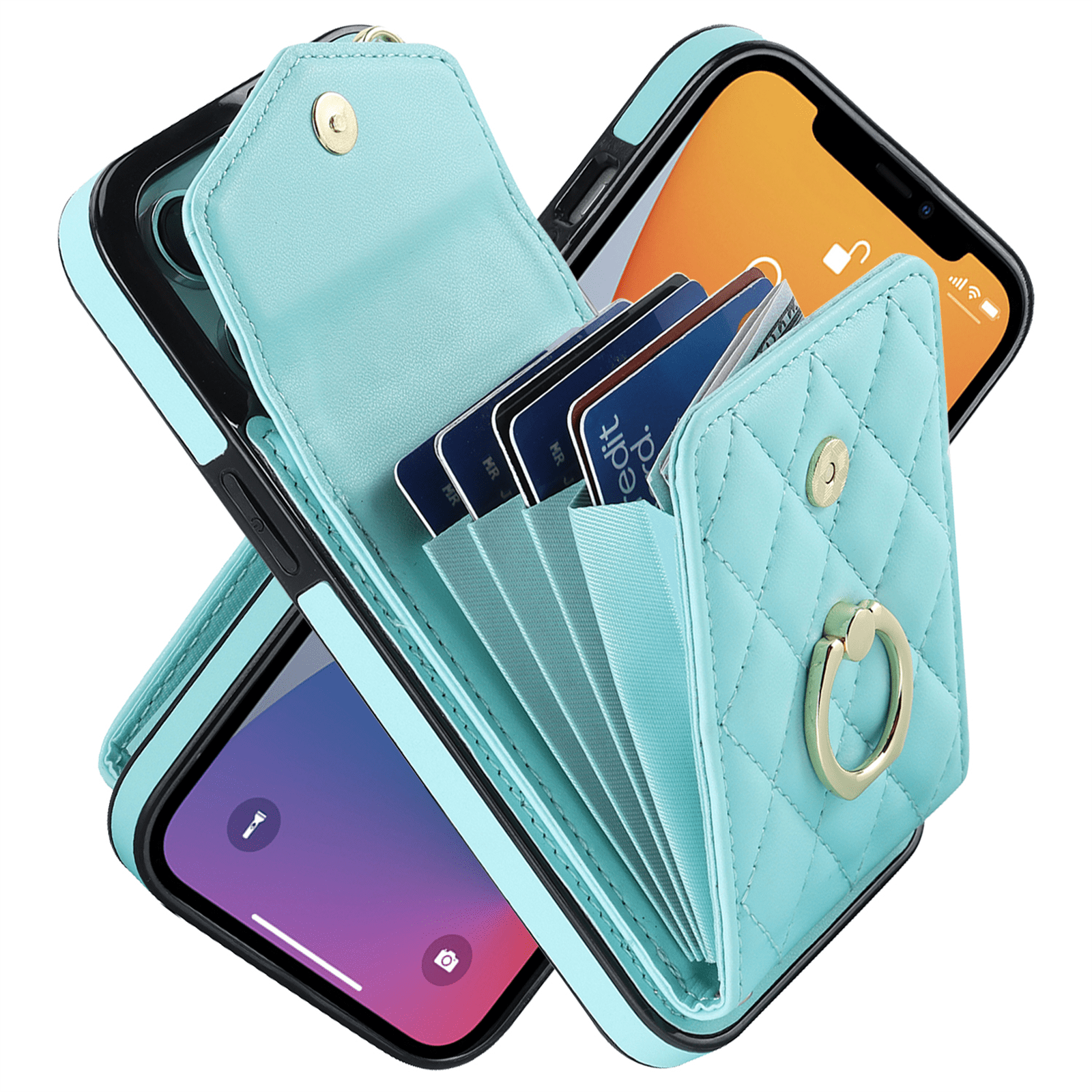 Asuwish Wallet RFID Blocking PU Leather Cell Phone Case with Tempered Glass Screen Protector, Wrist Strap for iPhone 12 Pro Max, Teal