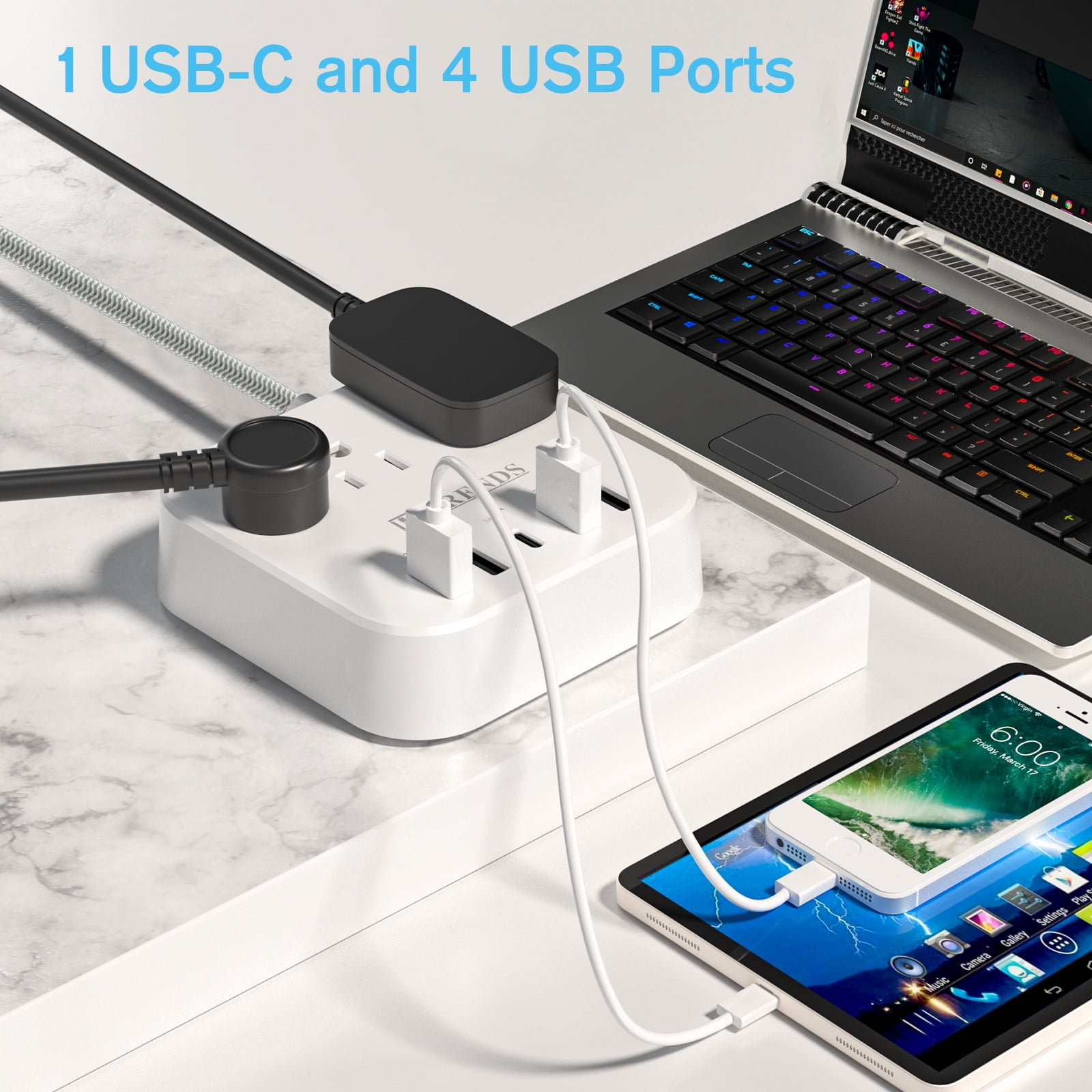 HITRENDS Surge Protector Power Strip, 3 AC Outlets, 4 USB-A Ports, 1 USB-C Port, 10-Foot Extension Cord