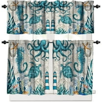 Sea Turtle Octopus Kitchen Curtain Tiers and Valance Curtain Sets Ocean Animal Landscape Decorative Cafe Curtains Set for Kitchen Living Room Bathroom 54x18 & 27x24x2, 3 Panel