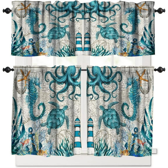 Sea Turtle Octopus Kitchen Curtain Tiers and Valance Curtain Sets Ocean Animal Landscape Decorative Cafe Curtains Set for Kitchen Living Room Bathroom 54x18 & 27x24x2, 3 Panel